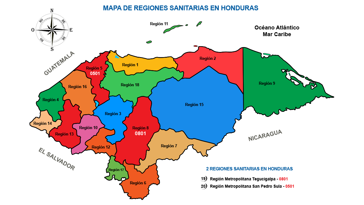Regiones Sanitarias de Honduras Mapa.webp